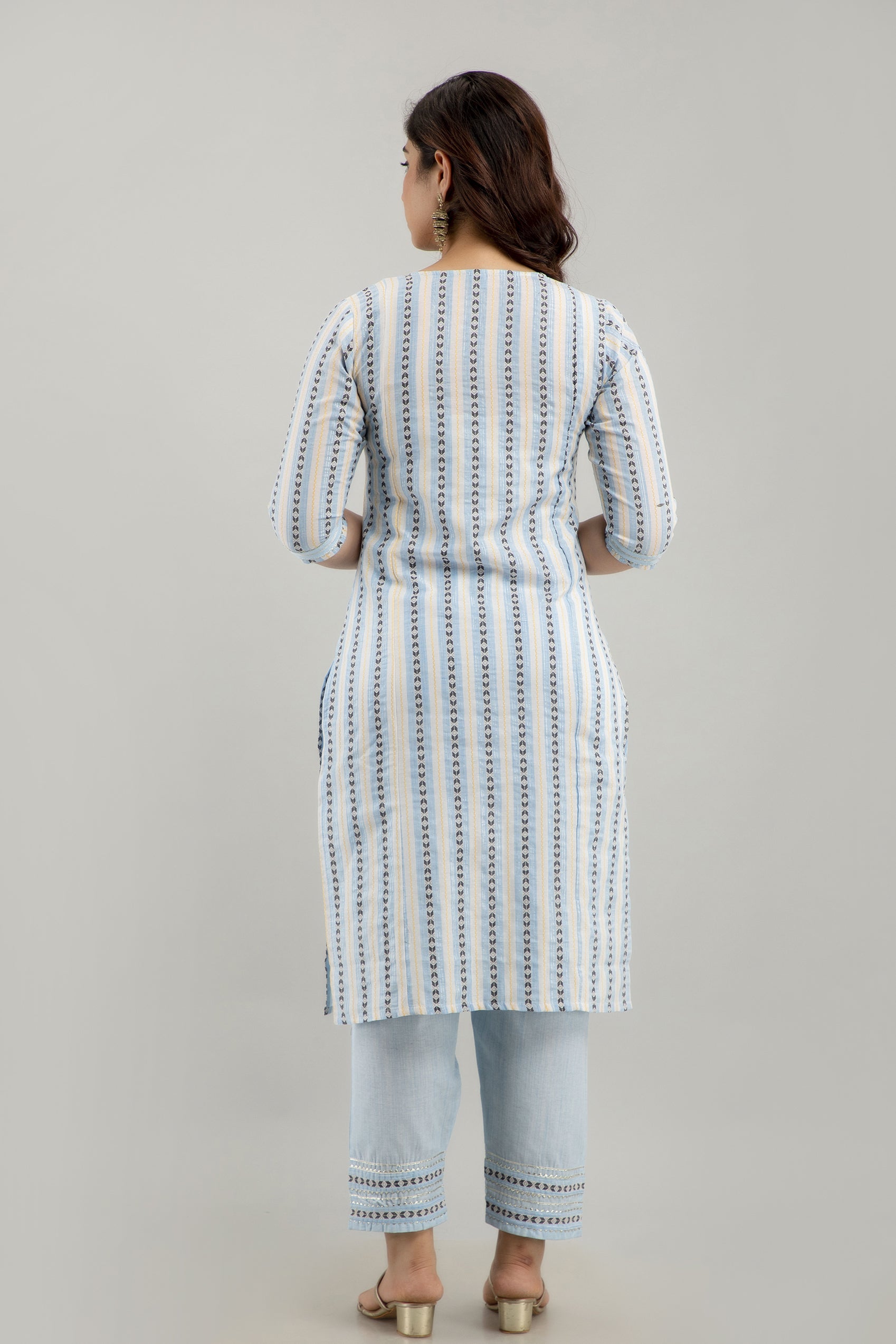 Women's Striped Cotton Blend Straight Kurta Pant & Dupatta Set (Light Blue) - Charu