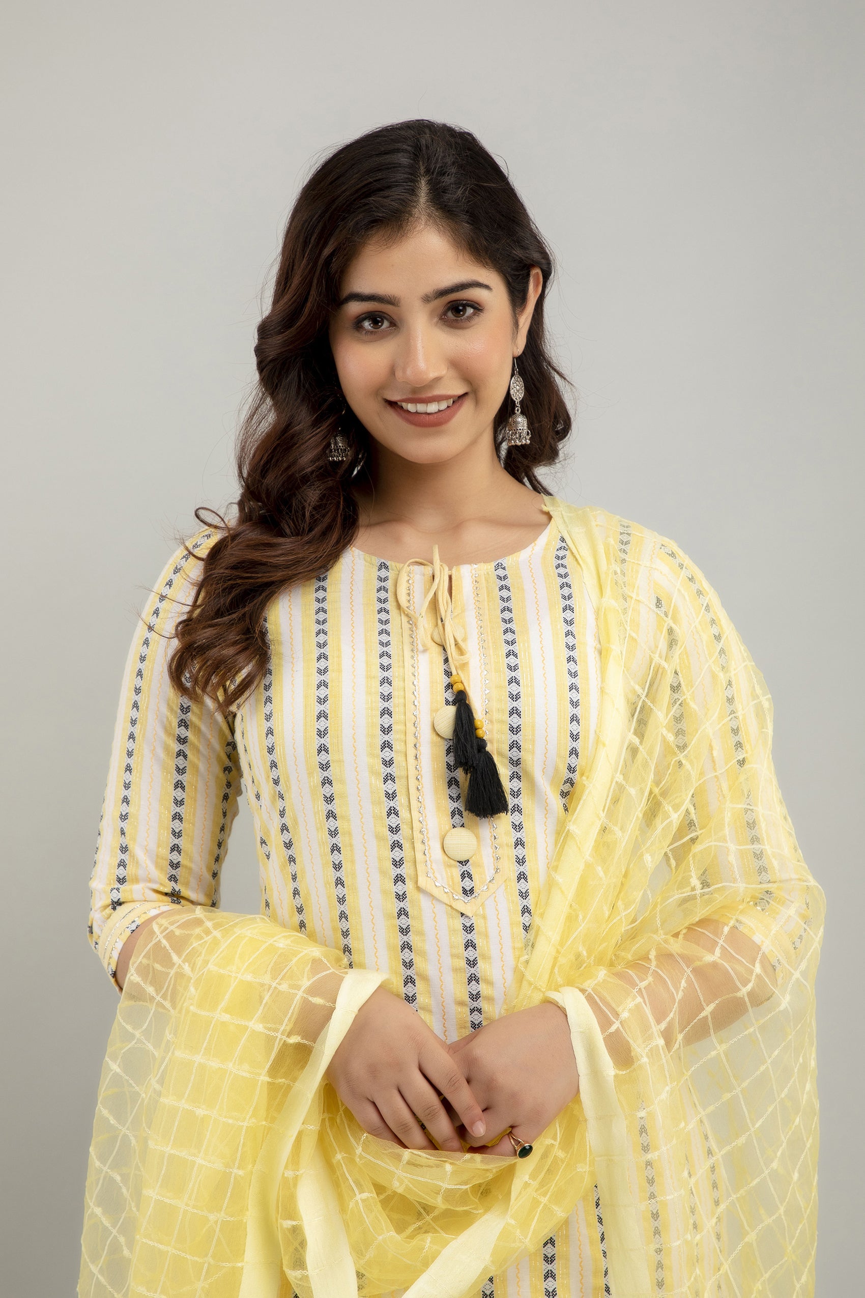 Women's Striped Cotton Blend Straight Kurta Pant & Dupatta Set (Yellow) - Charu