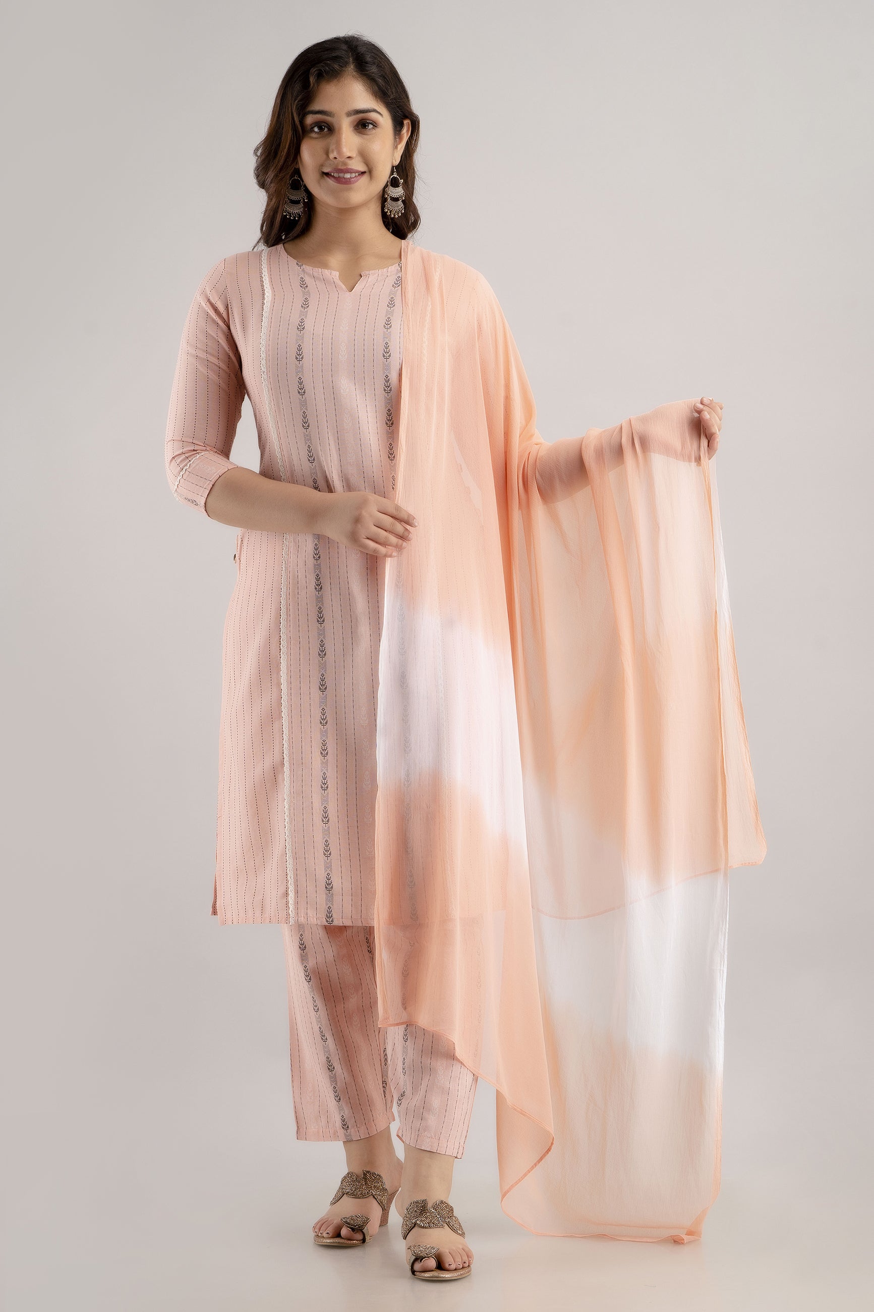 Women's Striped & Woven Cotton Blend Straight Kurta Pant & Dupatta Set (Orange) - Charu