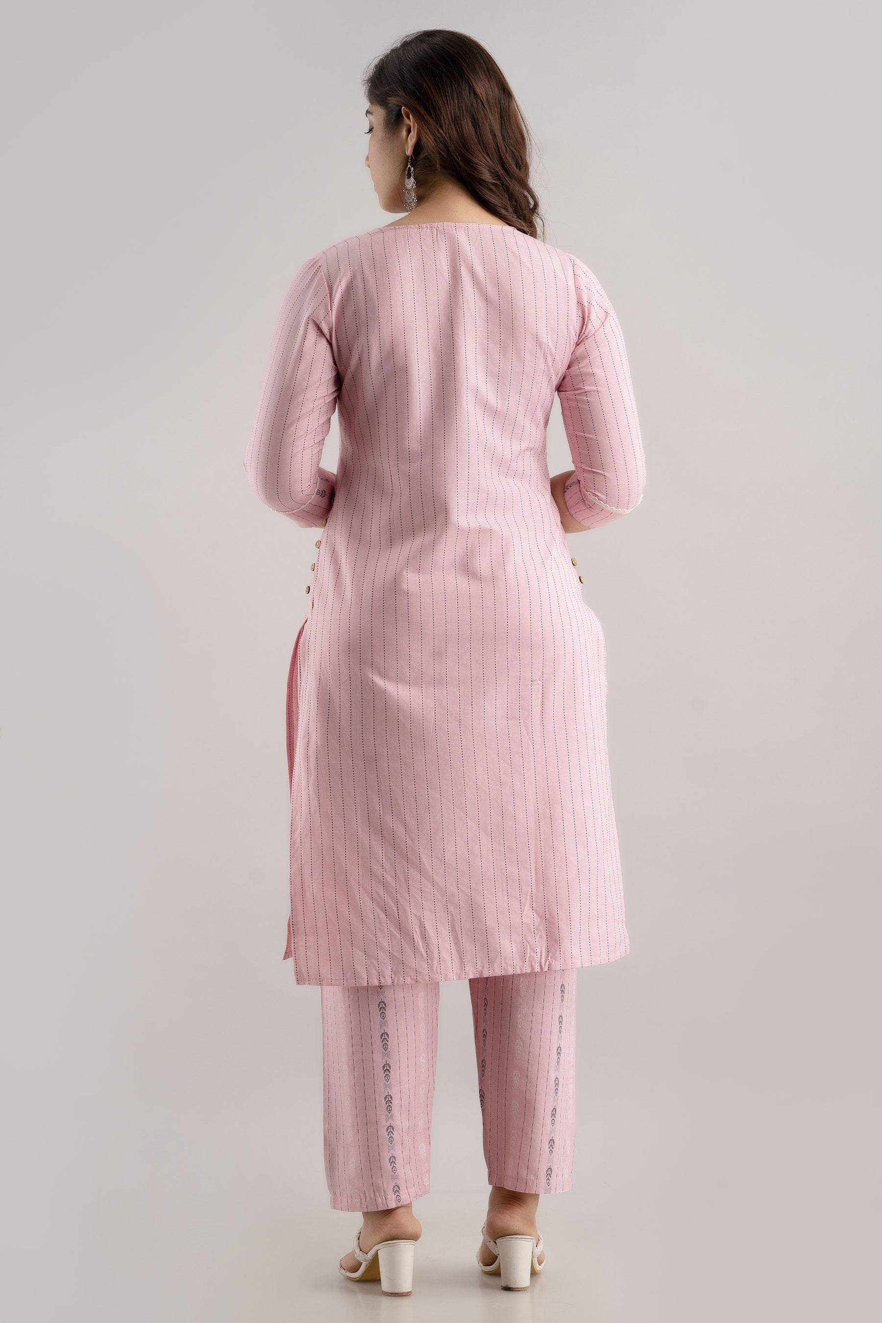 Women's Striped & Woven Cotton Blend Straight Kurta Pant & Dupatta Set (Pink) - Charu