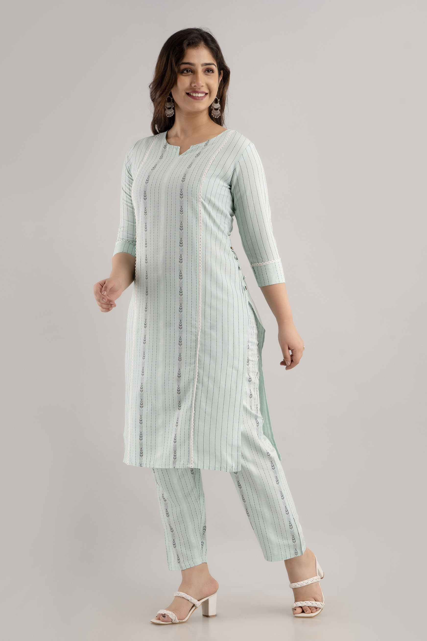 Women's Striped & Woven Cotton Blend Straight Kurta Pant & Dupatta Set (Light Green) - Charu