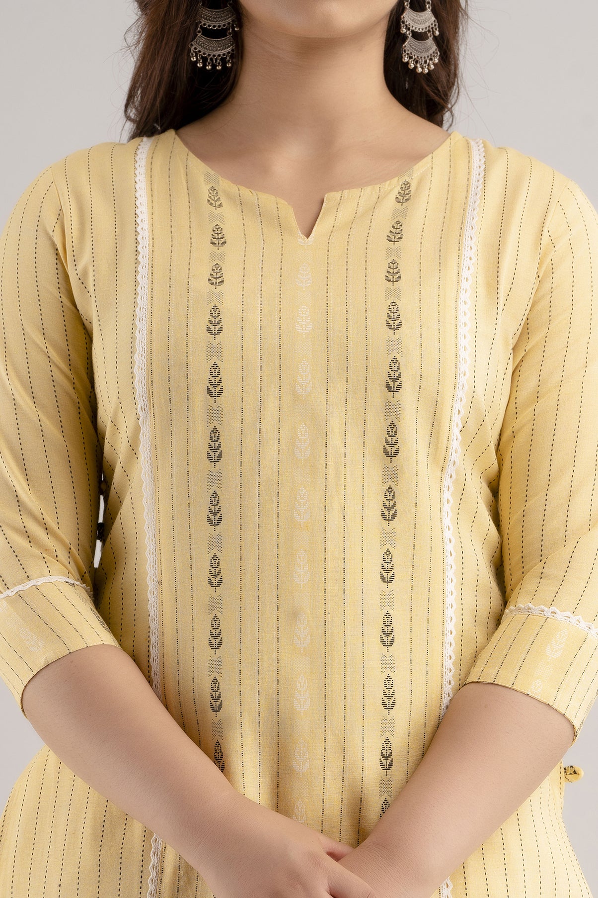Women's Striped & Woven Cotton Blend Straight Kurta Pant & Dupatta Set (Yellow) - Charu