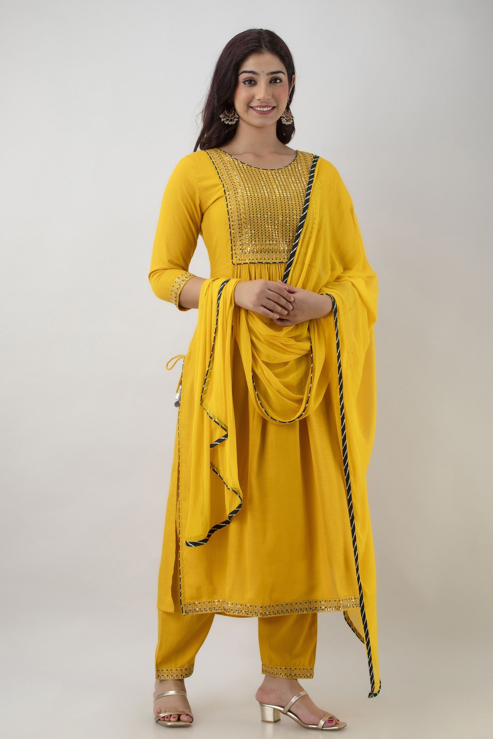 Women's Embroidered Viscose Rayon Naira Cut Kurta Pant & Dupatta Set (Mustard) - Charu