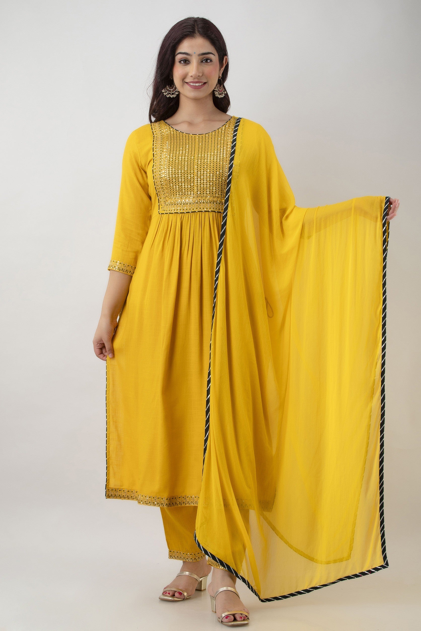 Women's Embroidered Viscose Rayon Naira Cut Kurta Pant & Dupatta Set (Mustard) - Charu