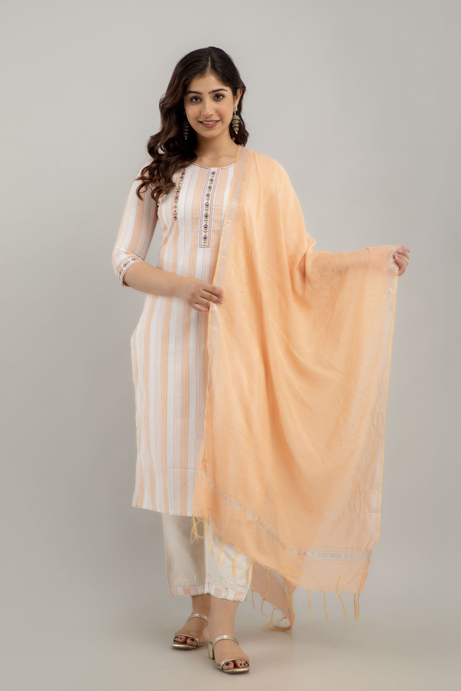 Women's Embroidered & Striped Cotton Blend Straight Kurta Pant & Dupatta Set (Orange) - Charu
