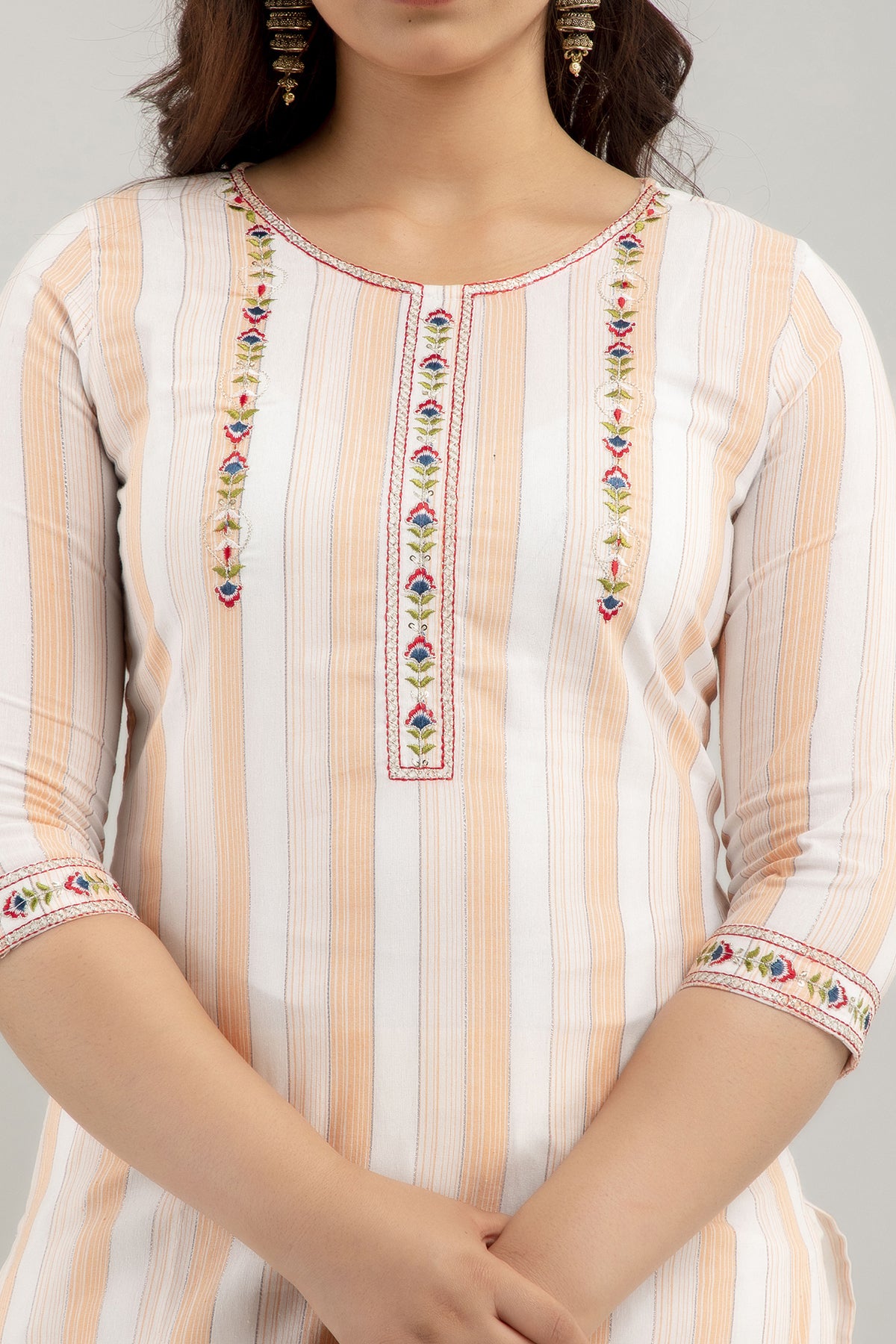 Women's Embroidered & Striped Cotton Blend Straight Kurta Pant & Dupatta Set (Orange) - Charu