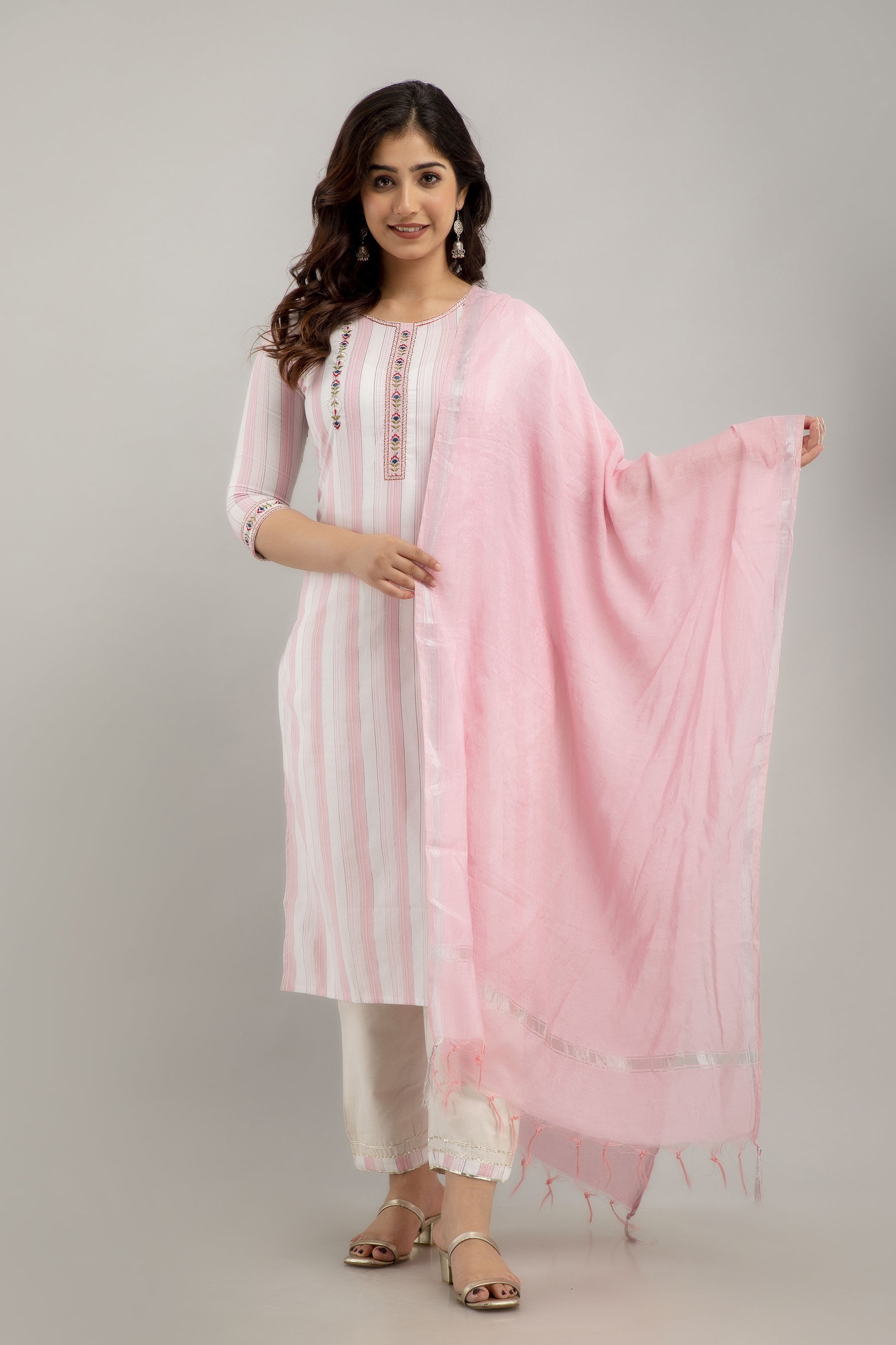 Women's Embroidered & Striped Cotton Blend Straight Kurta Pant & Dupatta Set (Pink) - Charu