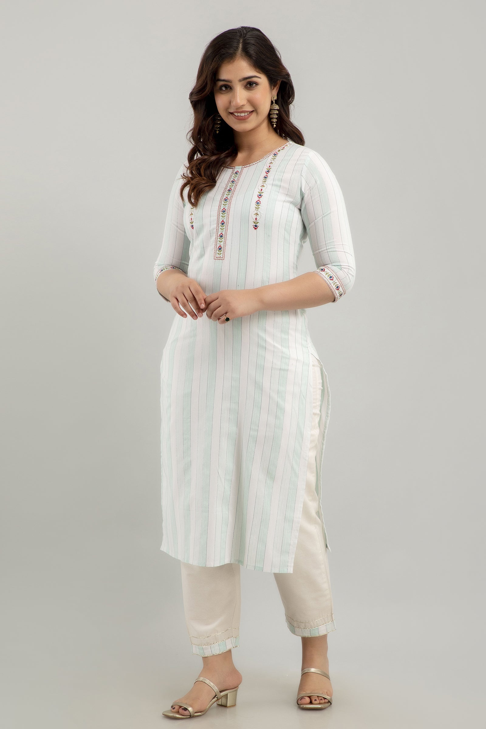 Women's Embroidered & Striped Cotton Blend Straight Kurta Pant & Dupatta Set (Light Green) - Charu