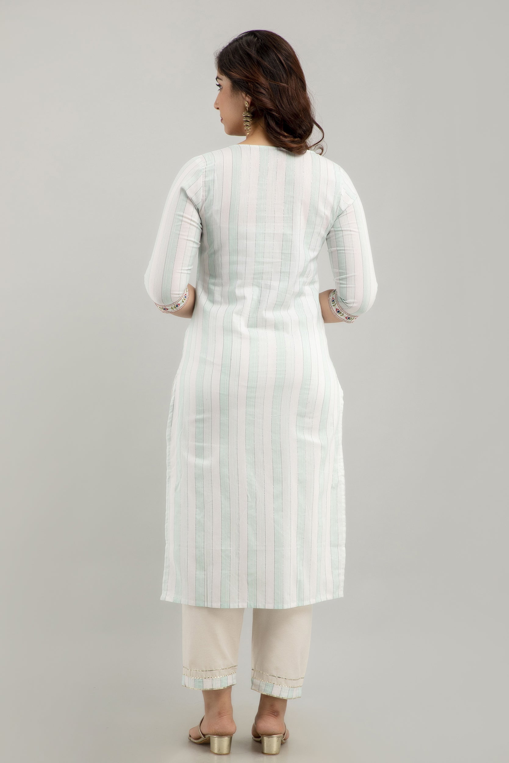 Women's Embroidered & Striped Cotton Blend Straight Kurta Pant & Dupatta Set (Light Green) - Charu