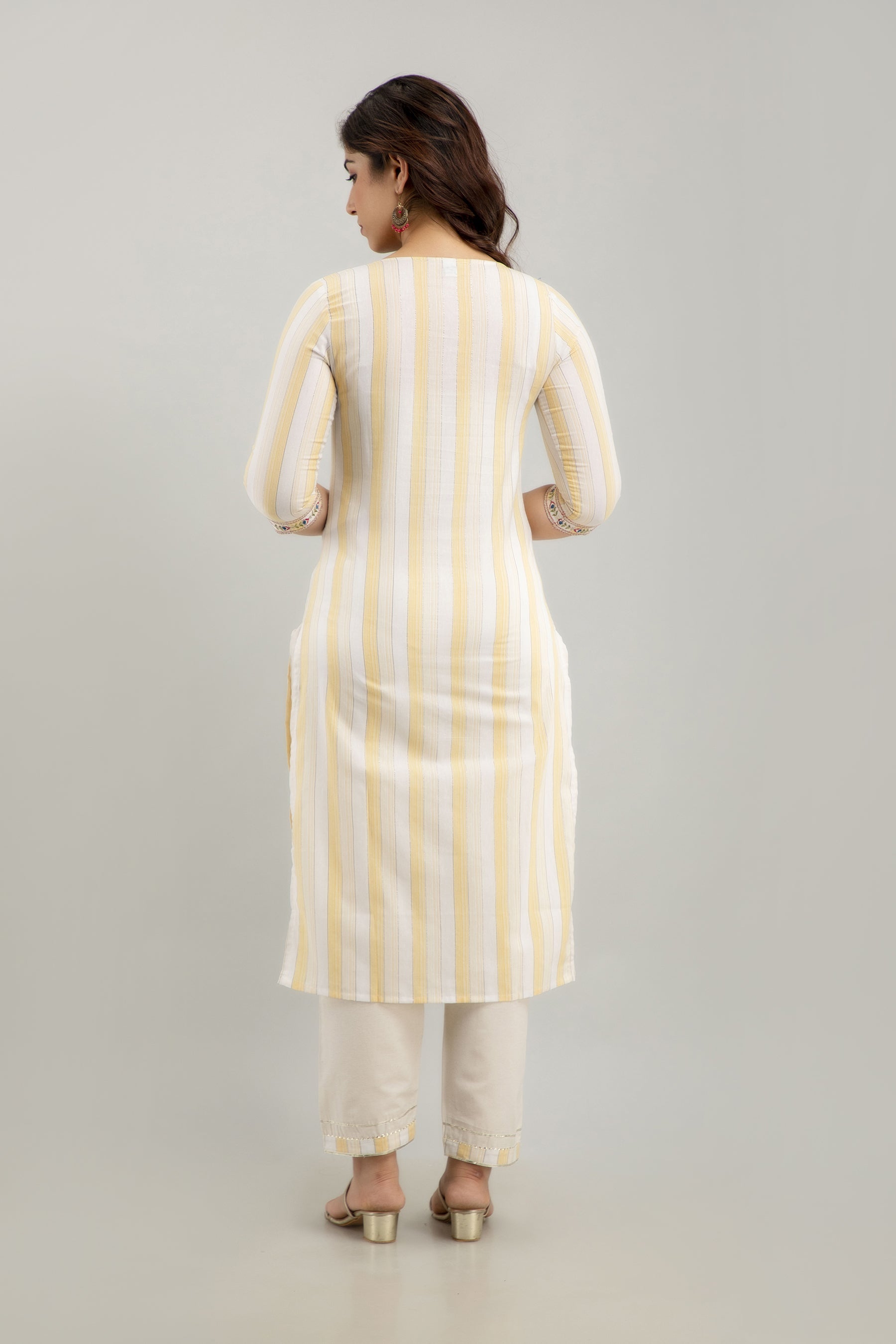 Women's Embroidered & Striped Cotton Blend Straight Kurta Pant & Dupatta Set (Yellow) - Charu