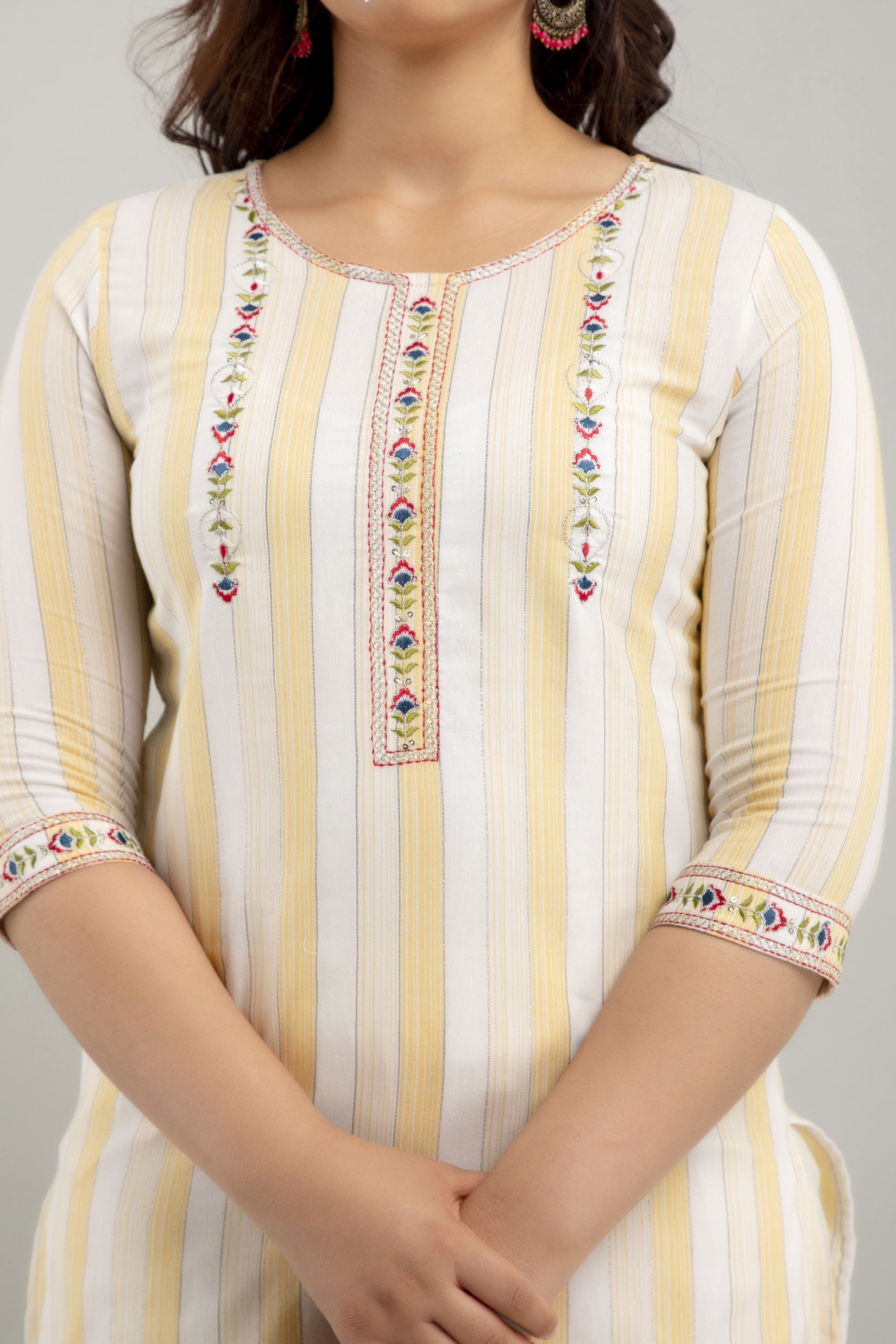 Women's Embroidered & Striped Cotton Blend Straight Kurta Pant & Dupatta Set (Yellow) - Charu