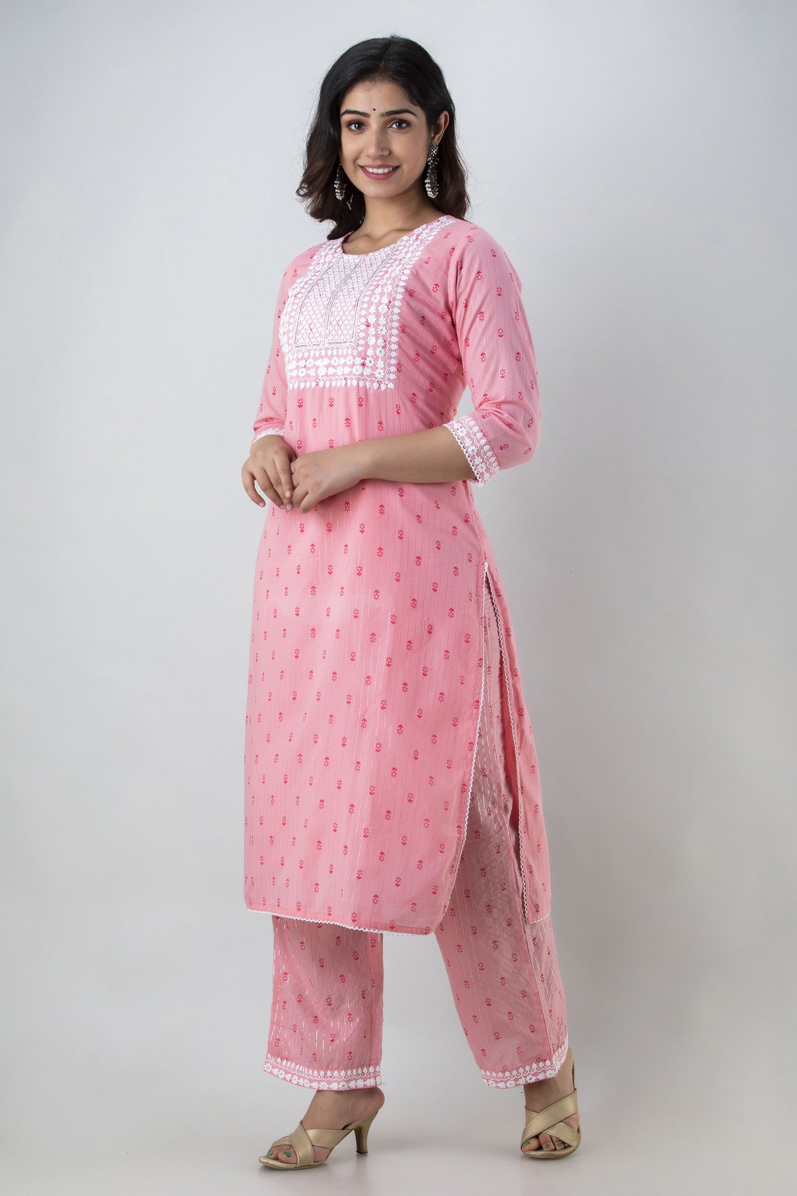 Women's Printed & Embroidered Pure Cotton Straight Kurta Palazzo & Dupatta Set (Light Pink) - Charu