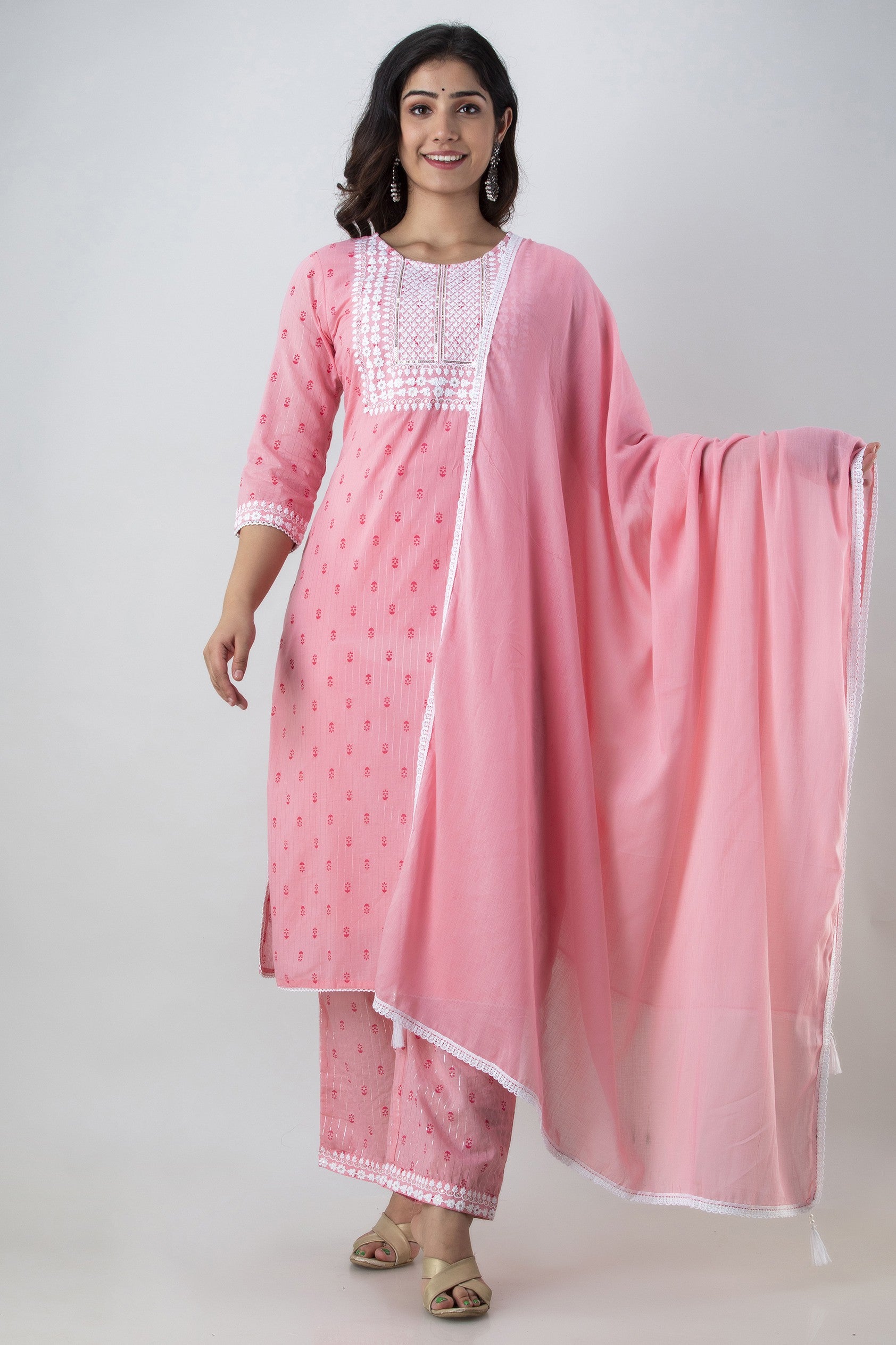 Women's Printed & Embroidered Pure Cotton Straight Kurta Palazzo & Dupatta Set (Light Pink) - Charu