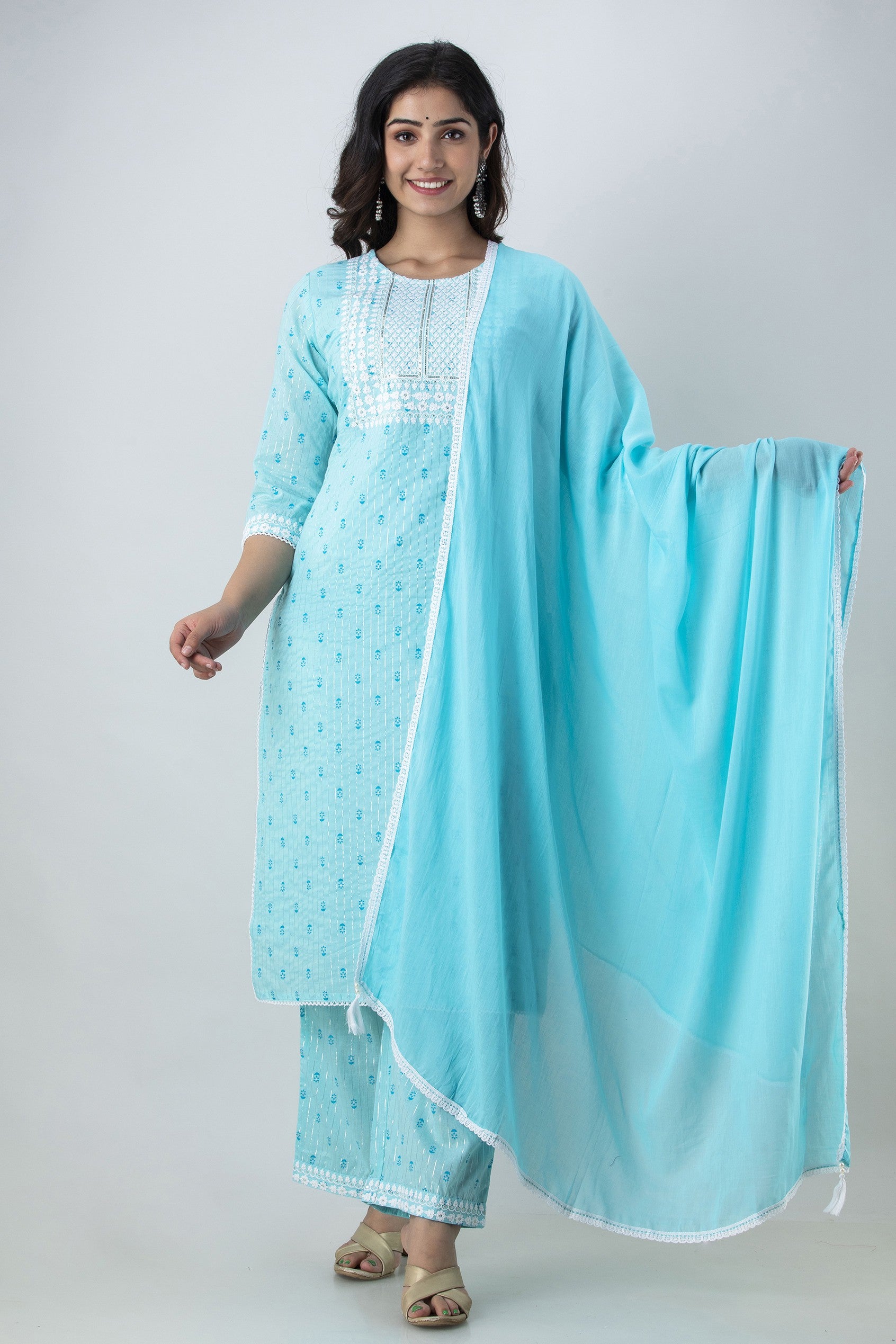 Women's Printed & Embroidered Pure Cotton Straight Kurta Palazzo & Dupatta Set (Sky Blue) - Charu