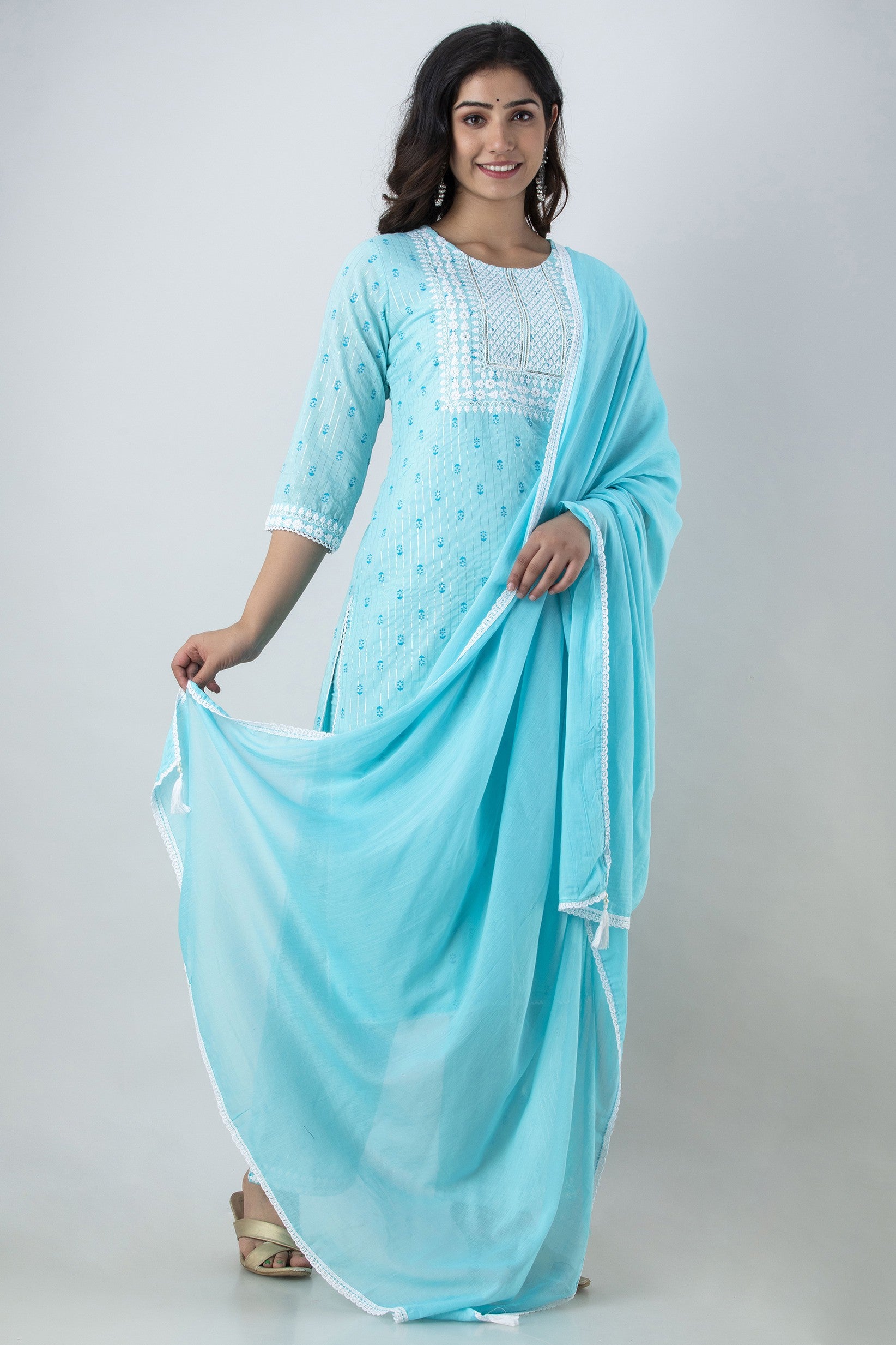 Women's Printed & Embroidered Pure Cotton Straight Kurta Palazzo & Dupatta Set (Sky Blue) - Charu