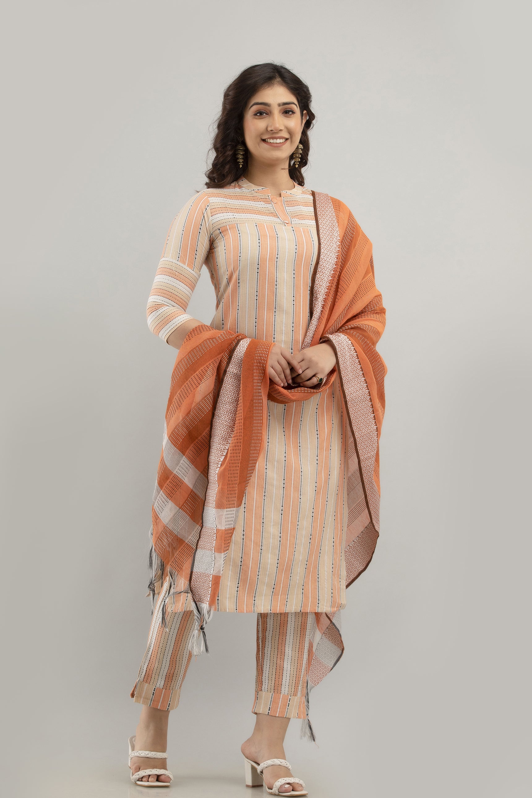 Women's Striped Pure Cotton Straight Kurta Pant Set (Orange) - Charu
