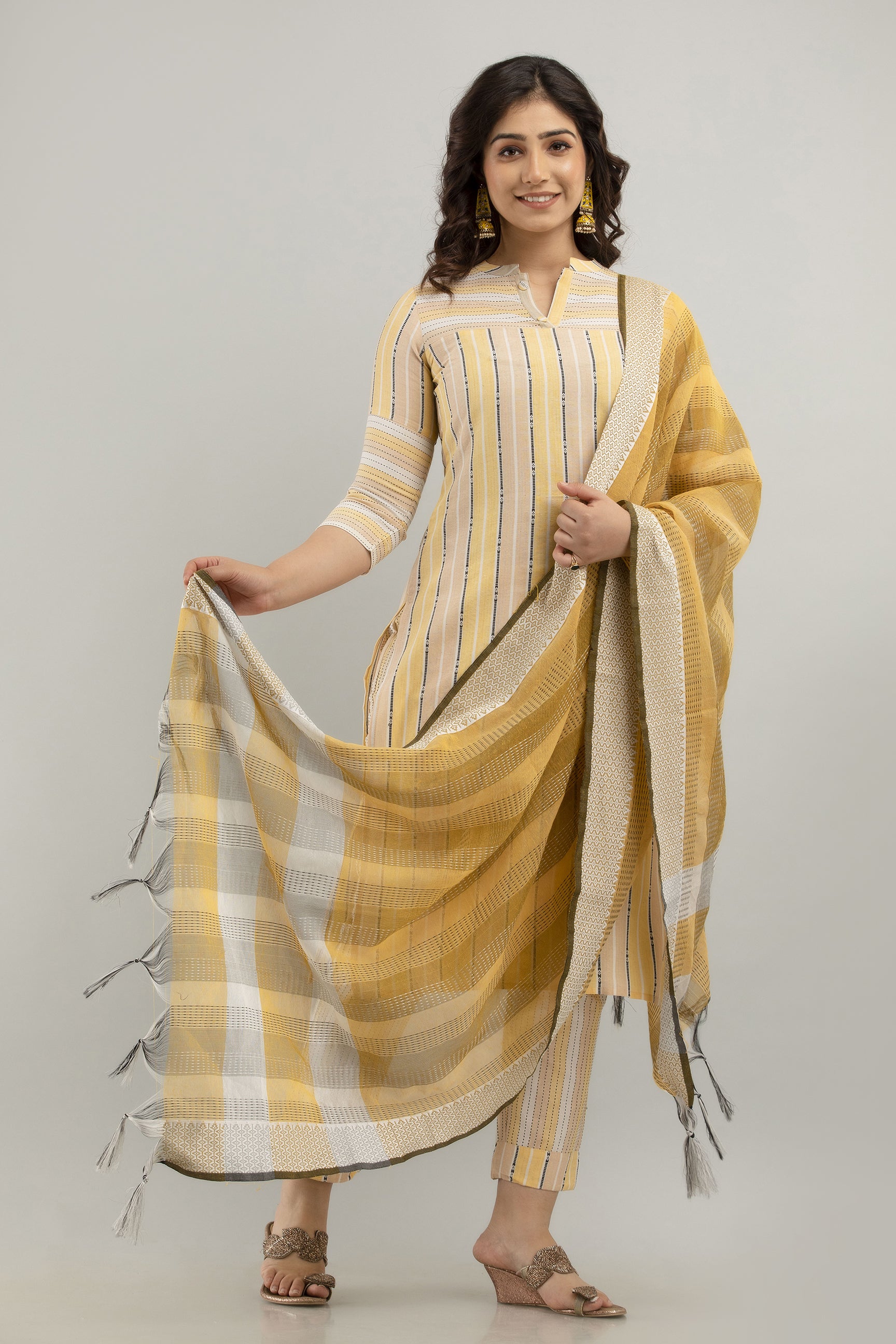 Women's Striped Pure Cotton Straight Kurta Pant Set (Yellow) - Charu