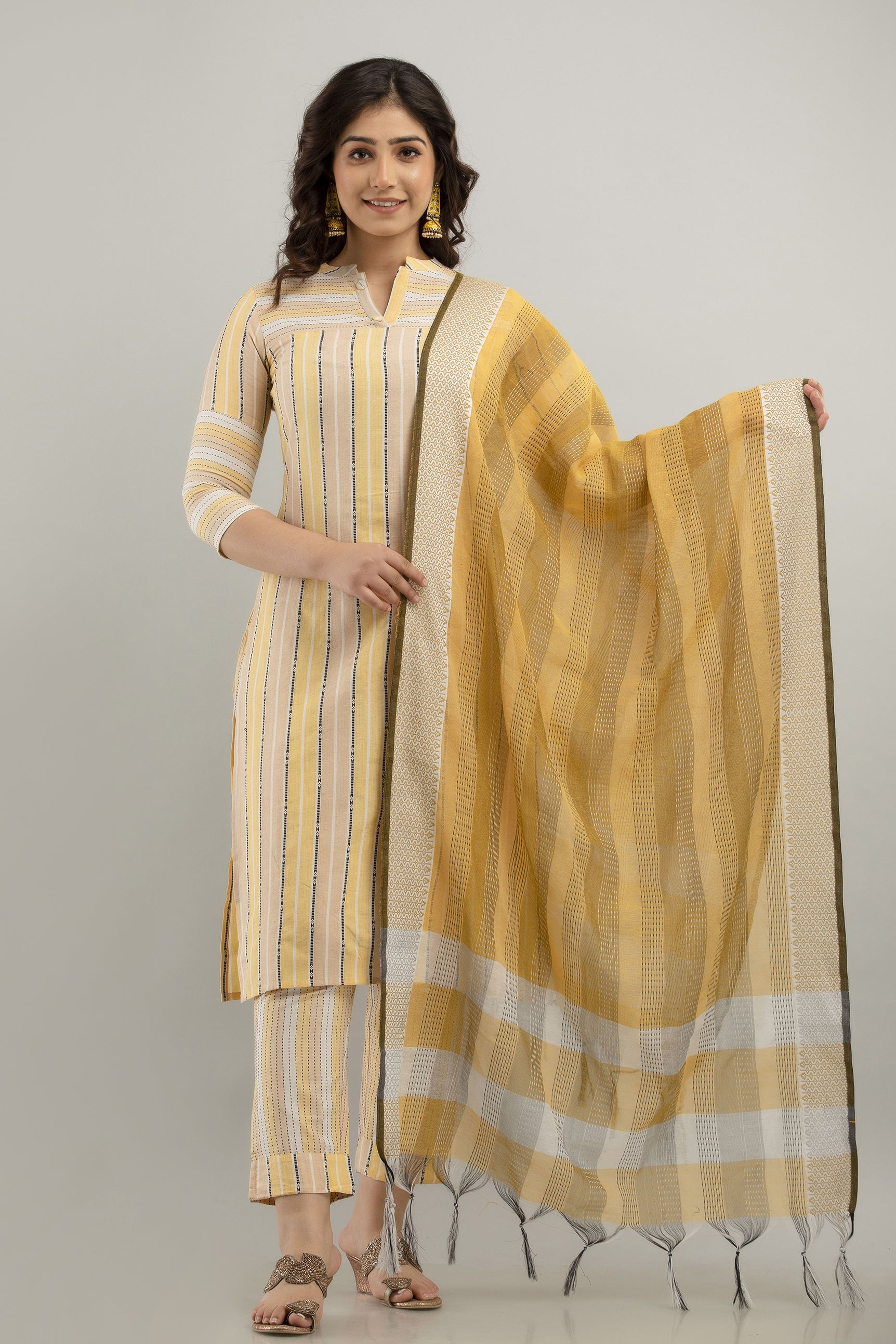 Women's Striped Pure Cotton Straight Kurta Pant Set (Yellow) - Charu