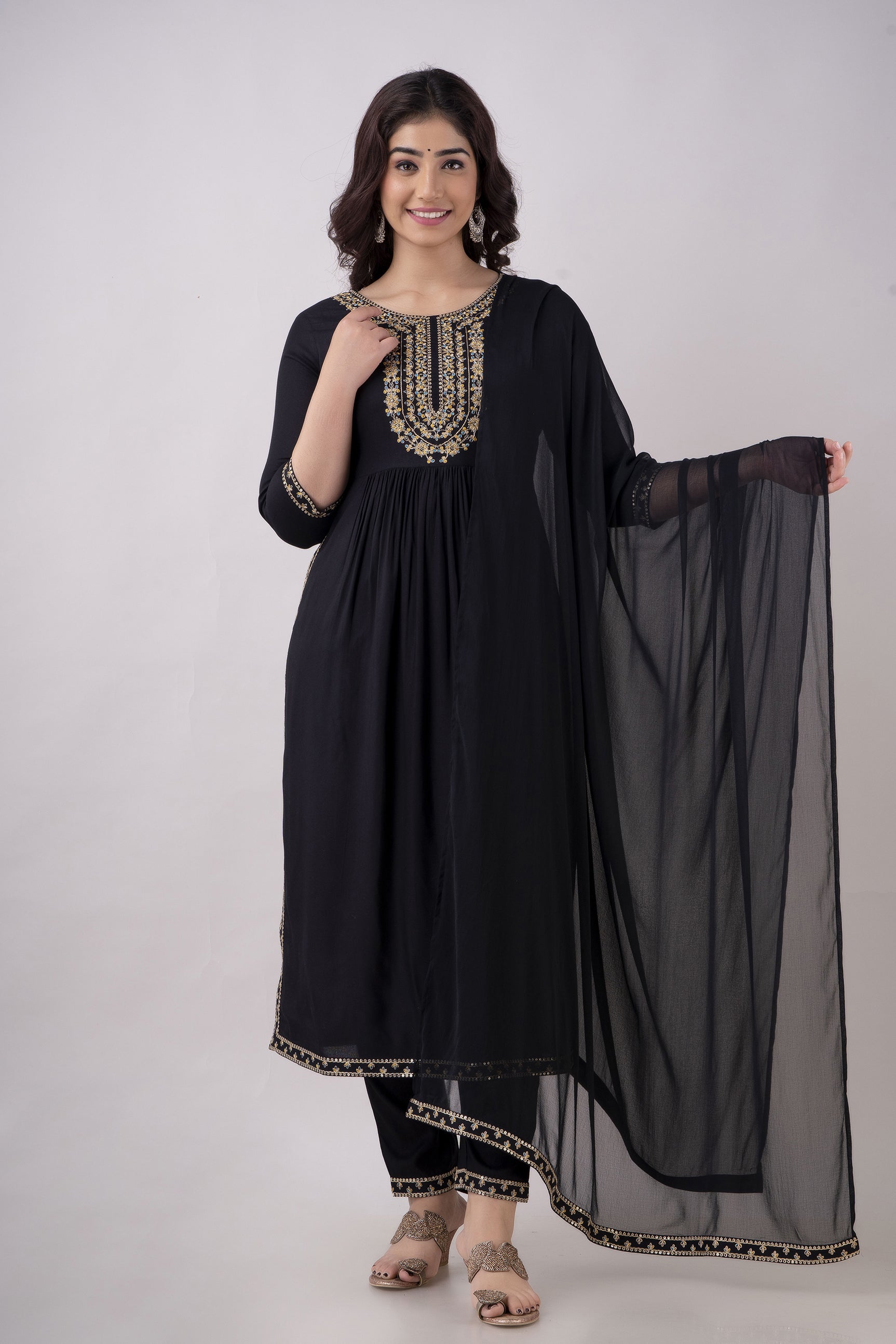 Women's Embroidered Viscose Rayon Naira Cut Kurta Pant & Dupatta Set (Black) - Charu