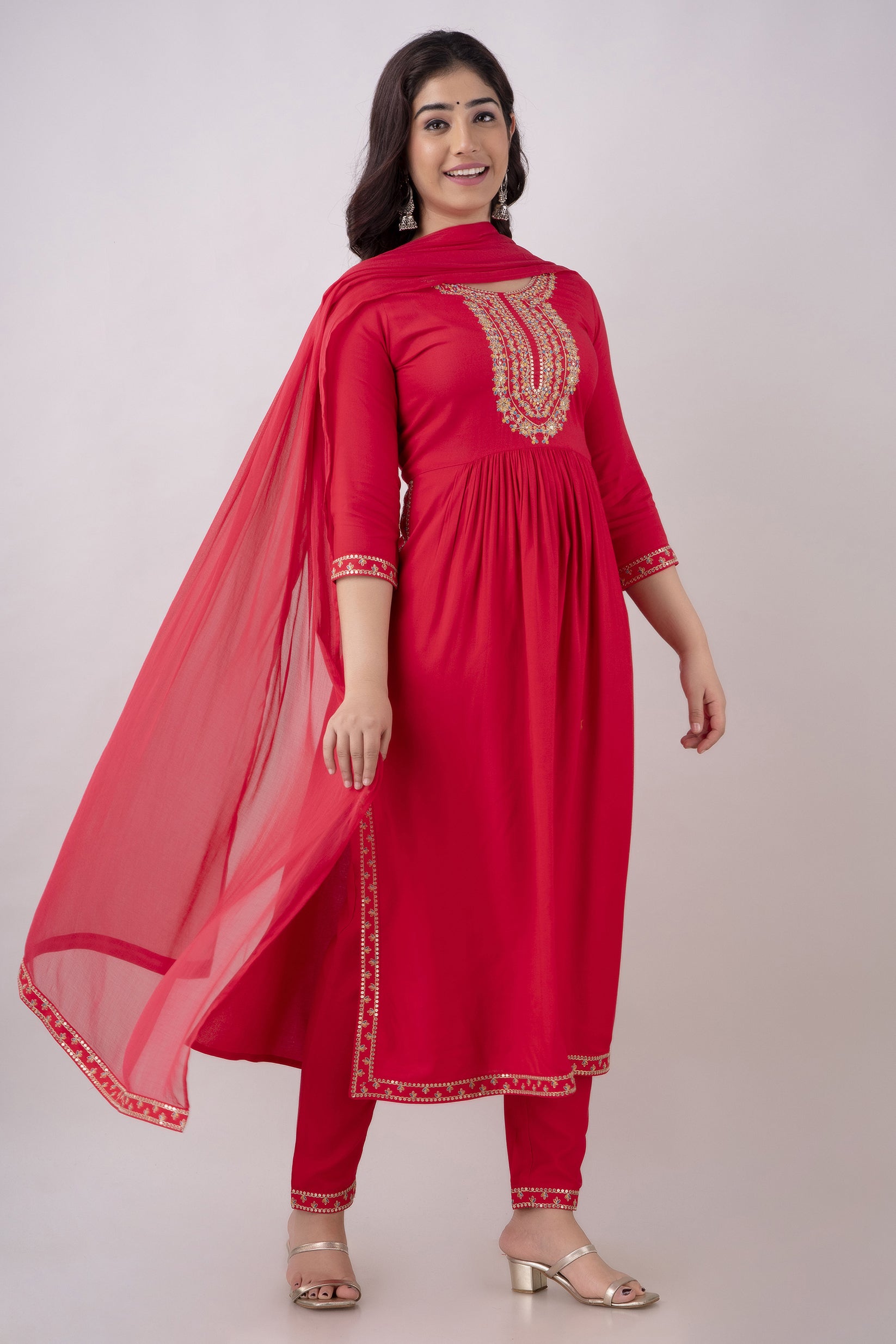 Women's Embroidered Viscose Rayon Naira Cut Kurta Pant & Dupatta Set (Rani) - Charu
