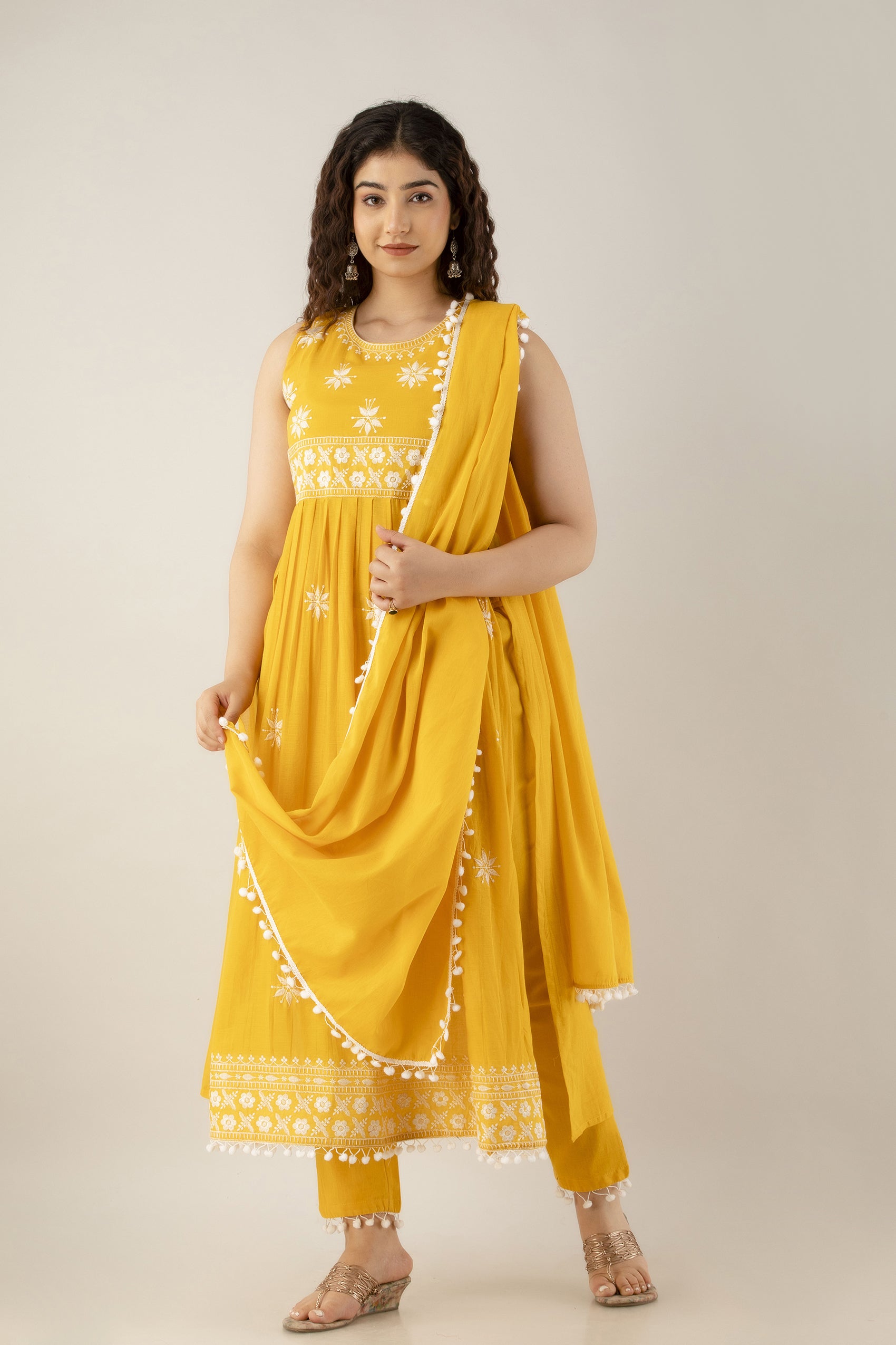 Women's Embroidered Cotton Naira Cut Kurta Pant & Dupatta Set (Mustard) - Charu