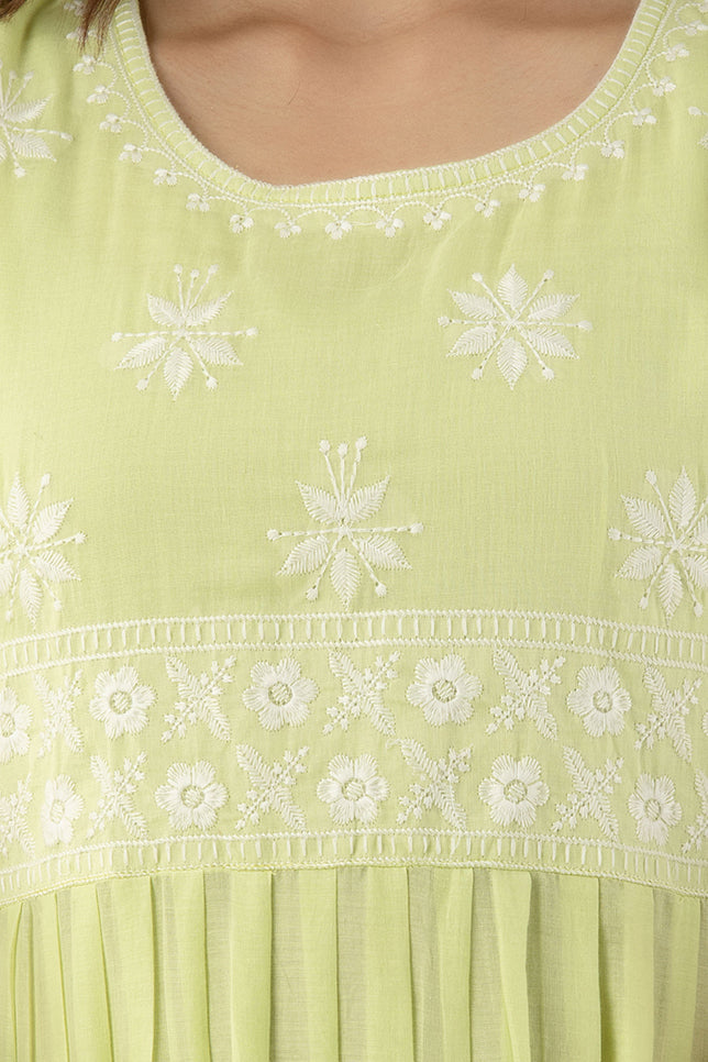 Women's Embroidered Cotton Naira Cut Kurta Pant & Dupatta Set (Pista) - Charu