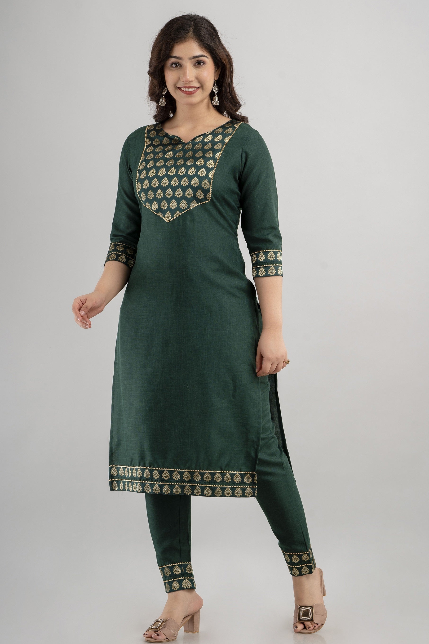 Women's Woven Viscose Straight Kurta Pant & Dupatta Set (Bottle Green) - Charu