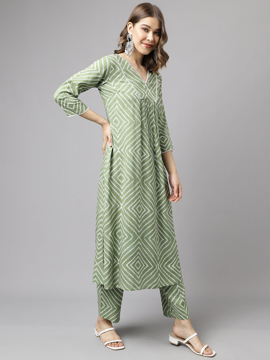 Women's Green Cotton A-Line Kurta set