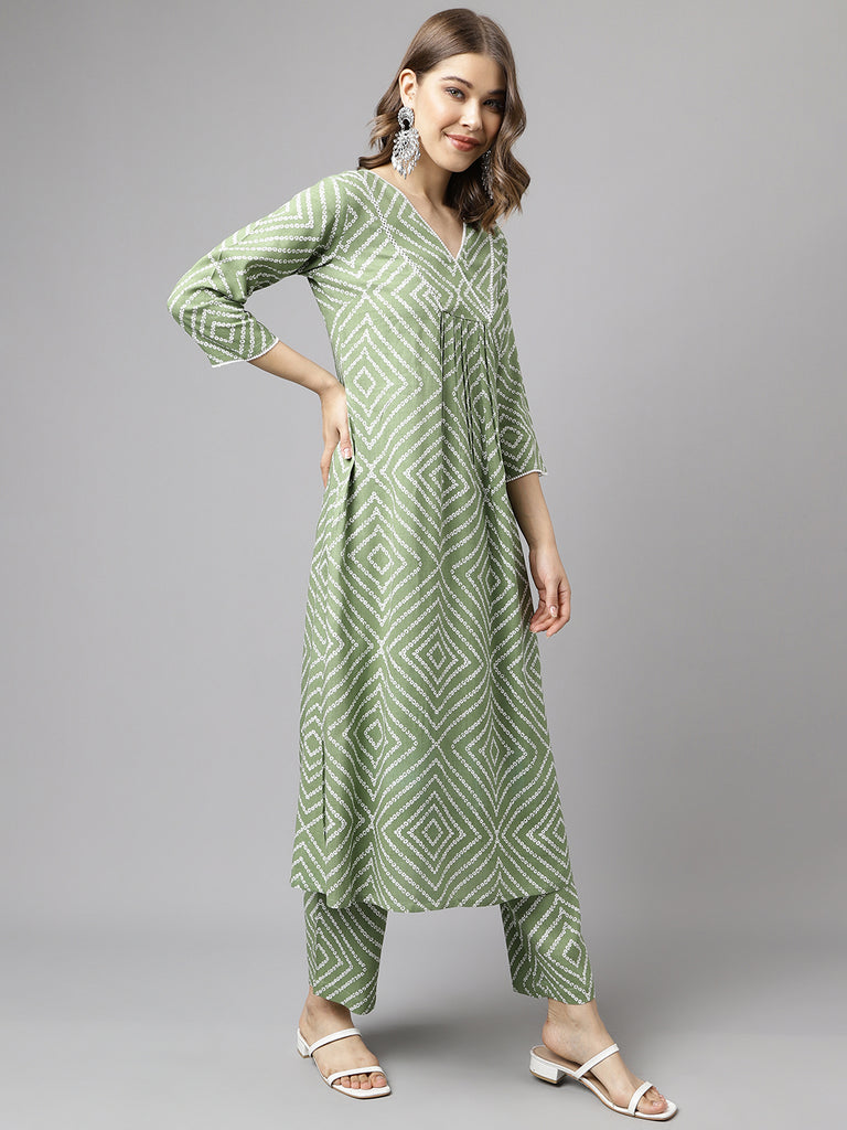 Women's Green Cotton A-Line Kurta set