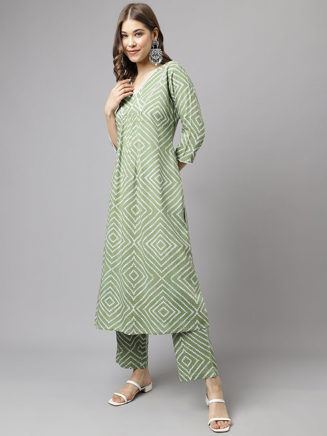 Women's Green Cotton A-Line Kurta set - Fiorra