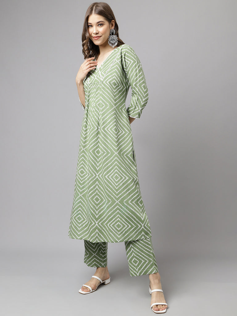 Women's Green Cotton A-Line Kurta set