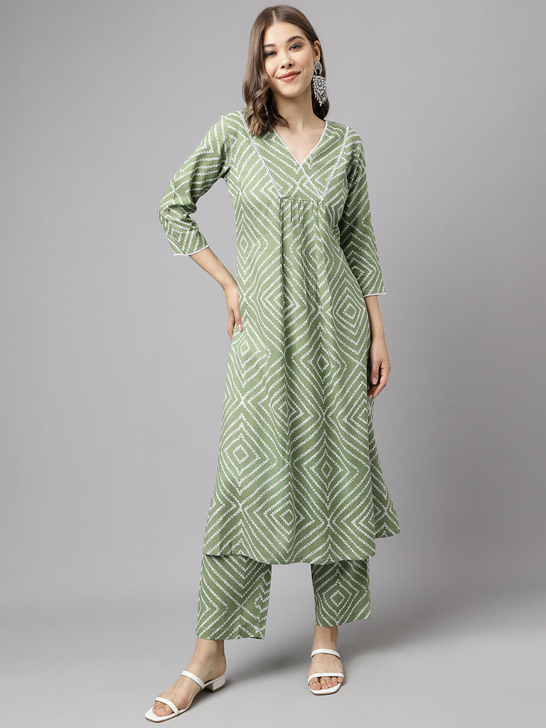 Women's Green Cotton A-Line Kurta set