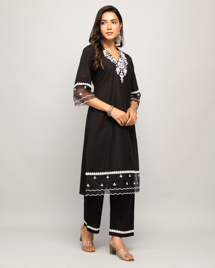 Women's Black Cotton Straight Kurta Palazzo Set