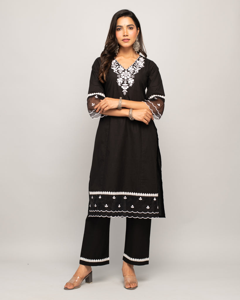 Women's Black Cotton Straight Kurta Palazzo Set