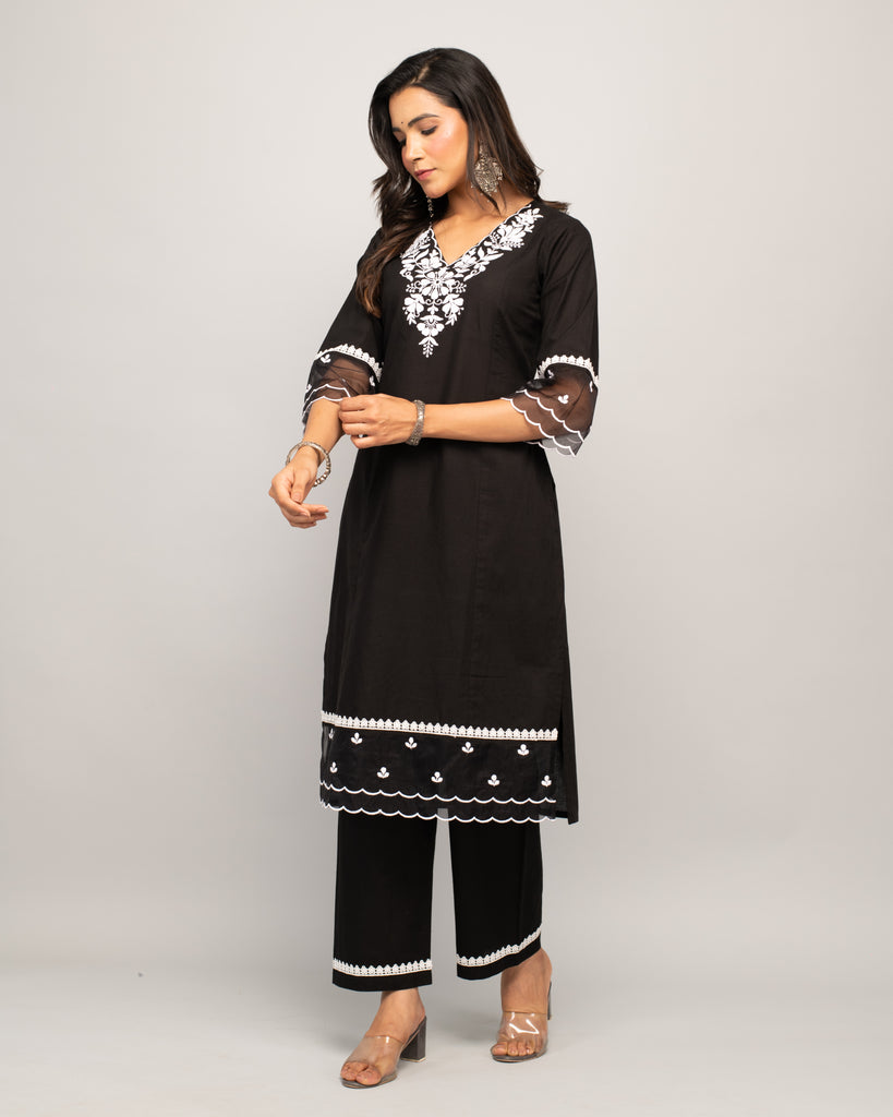 Women's Black Cotton Straight Kurta Palazzo Set