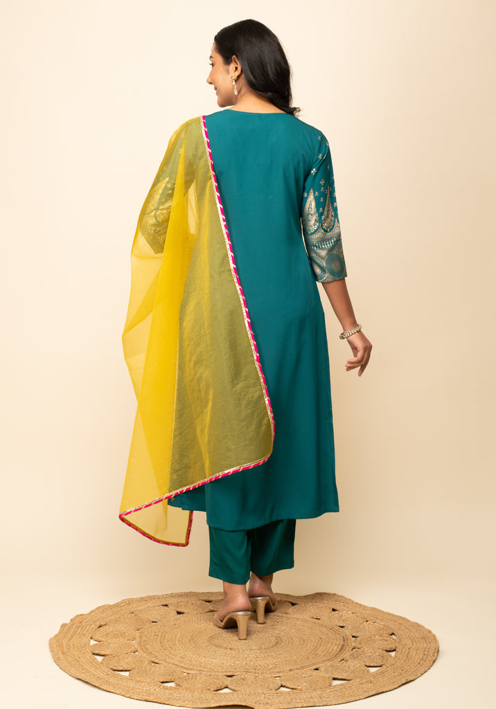 Women's Teal-Blue Crepe A-Line Kurta Pant With dupatta