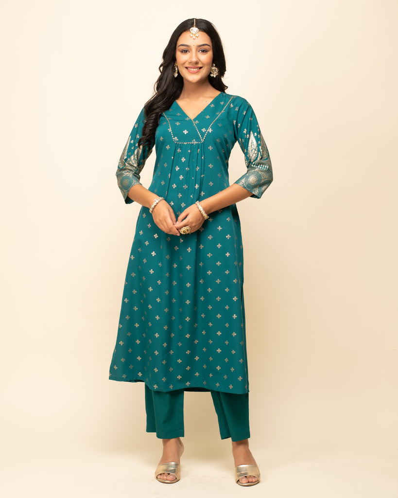 Women's Teal-Blue Crepe A-Line Kurta Pant With dupatta