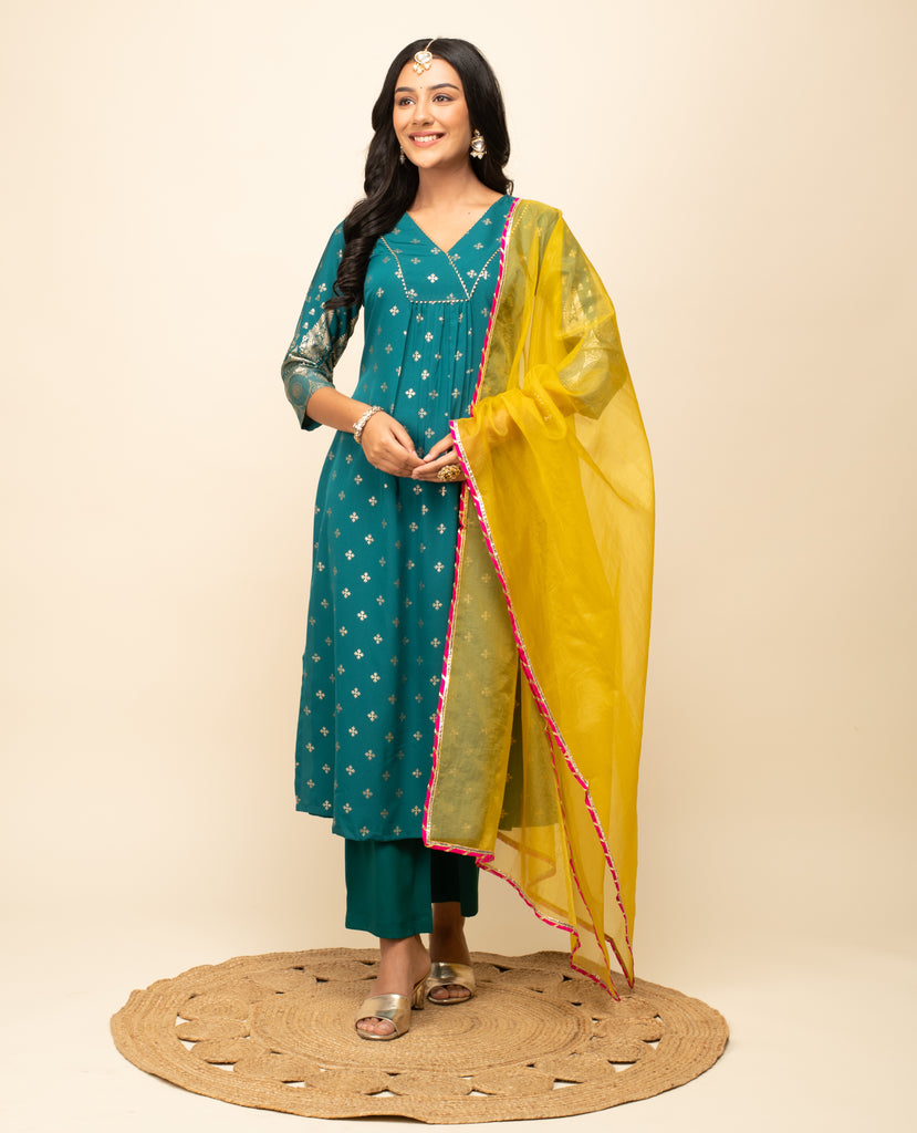 Women's Teal-Blue Crepe A-Line Kurta Pant With dupatta