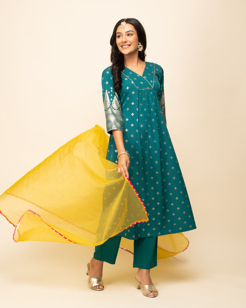 Women's Teal-Blue Crepe A-Line Kurta Pant With dupatta