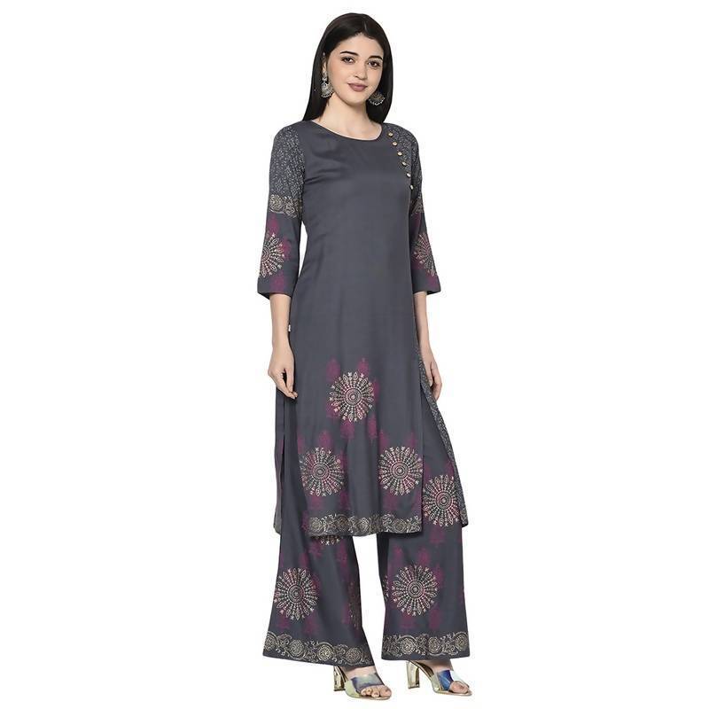 Women's Dark grey Rayon Block print straight kurta Palazzo set