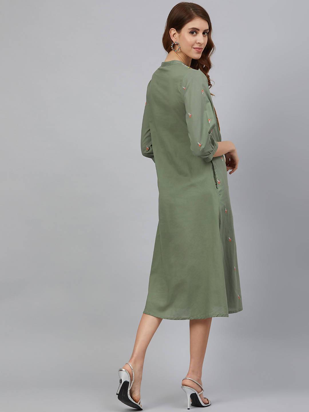 Women's Olive Cotton Embroidered Flared Kurta Dress - Juniper