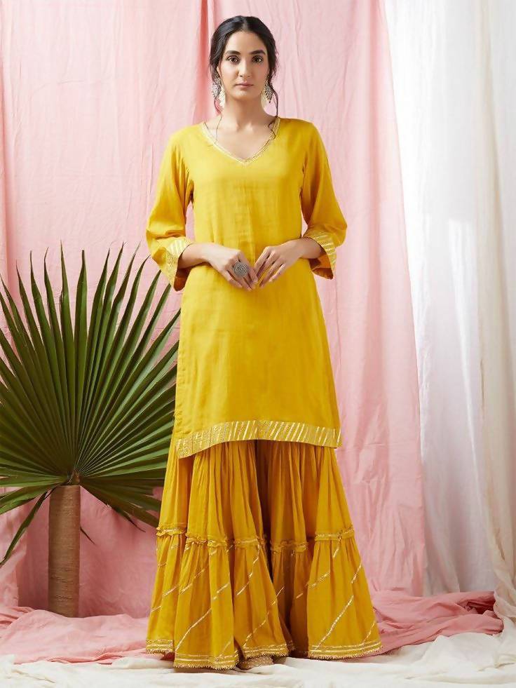 Women's Yellow And Pink Cambric Cotton Kurta Skirt Dupatta Set - Cheera