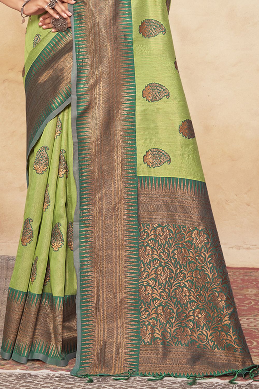 Women's Light Green Cotton Woven Zari Work Traditional Tassle Saree - Sangam Prints