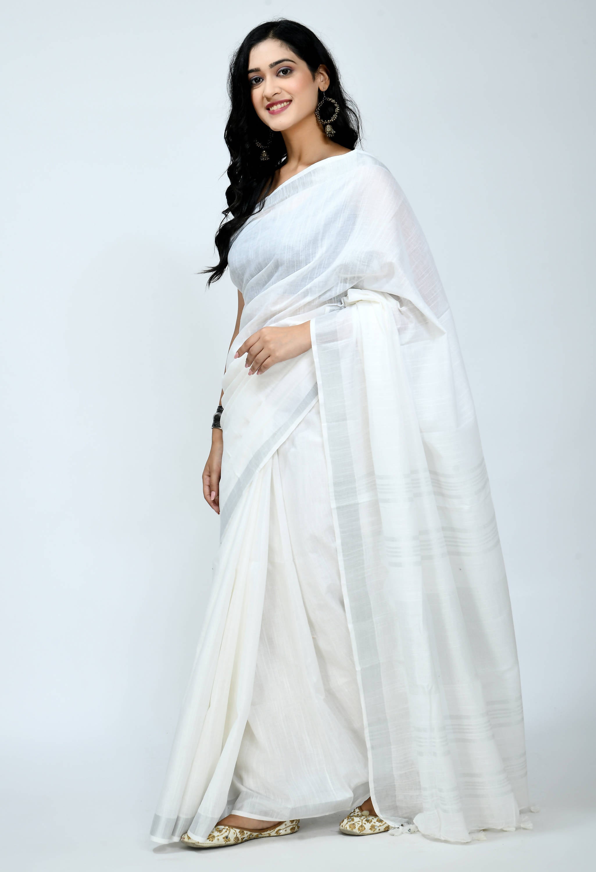 Women's Bhagalpuri Handloom Cotton White Color Saree Mfsaree_027 - Moeza