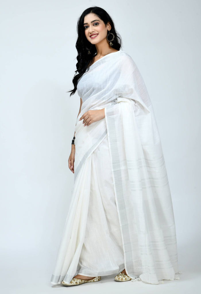 Women's Bhagalpuri Handloom Cotton White Color Saree Mfsaree_027