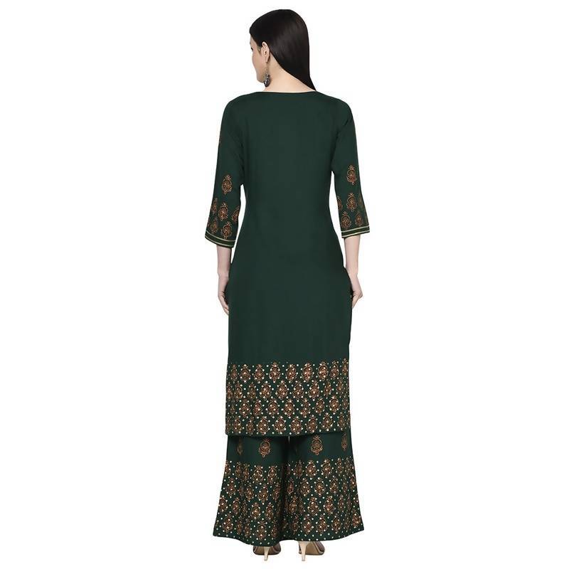 Women's Bottle Green Rayon Block print straight kurta Palazzo set