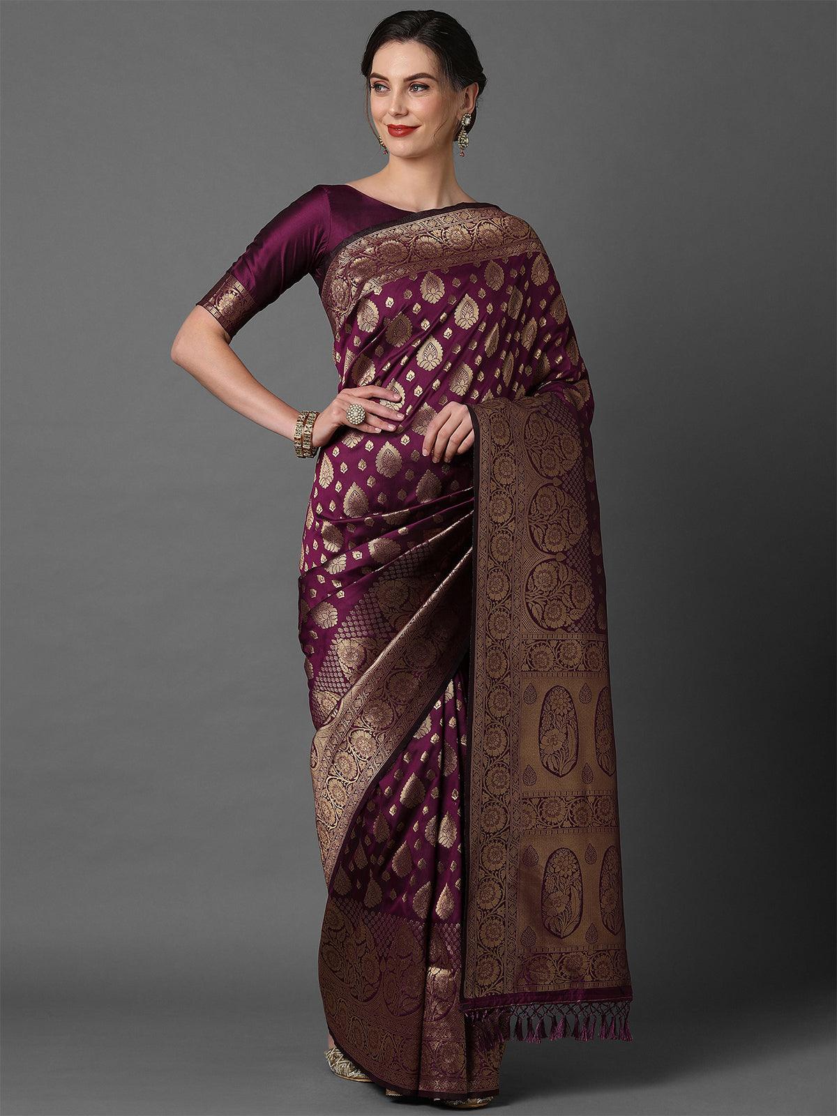 Women's Magenta Festive Silk Blend Woven Design Saree With Unstitched Blouse - Odette