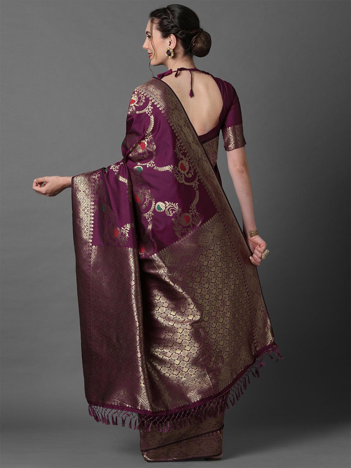 Women's Magenta Festive Silk Blend Woven Design Saree With Unstitched Blouse - Odette