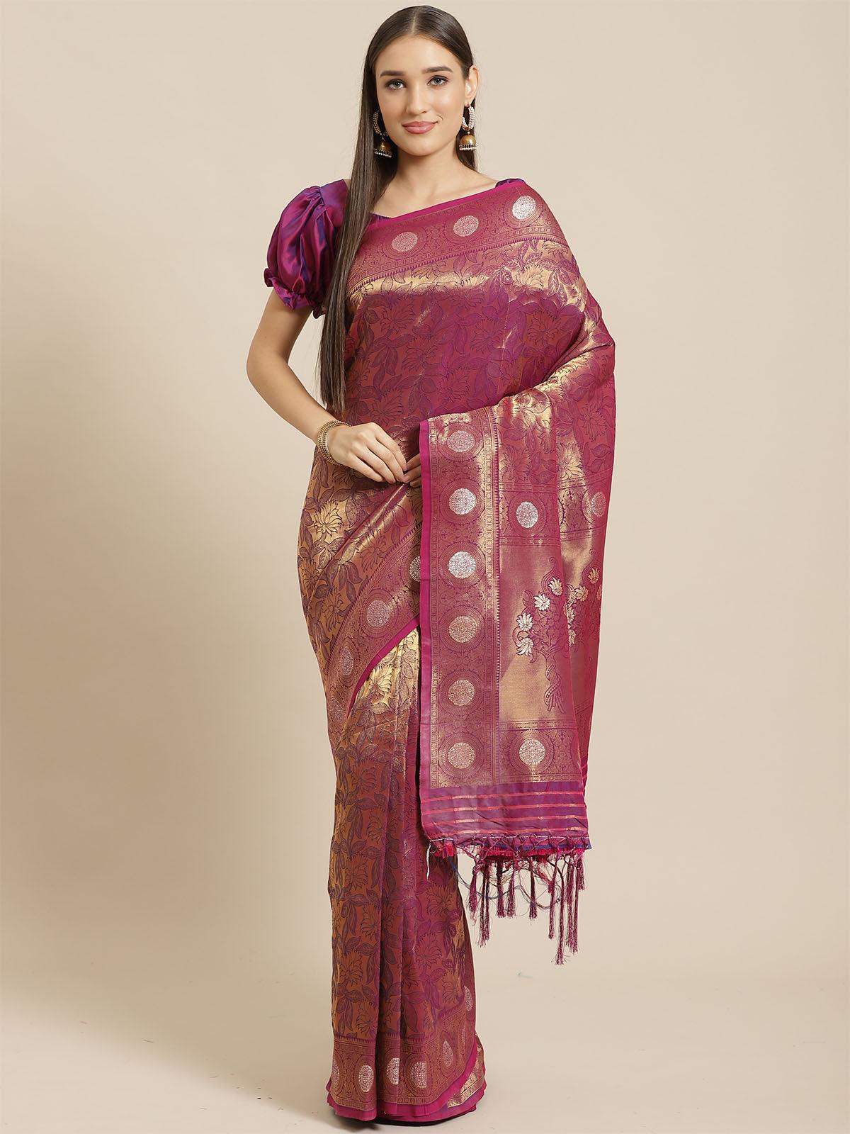 Women's Magenta Festive Silk Blend Woven Saree With Unstitched Blouse - Odette