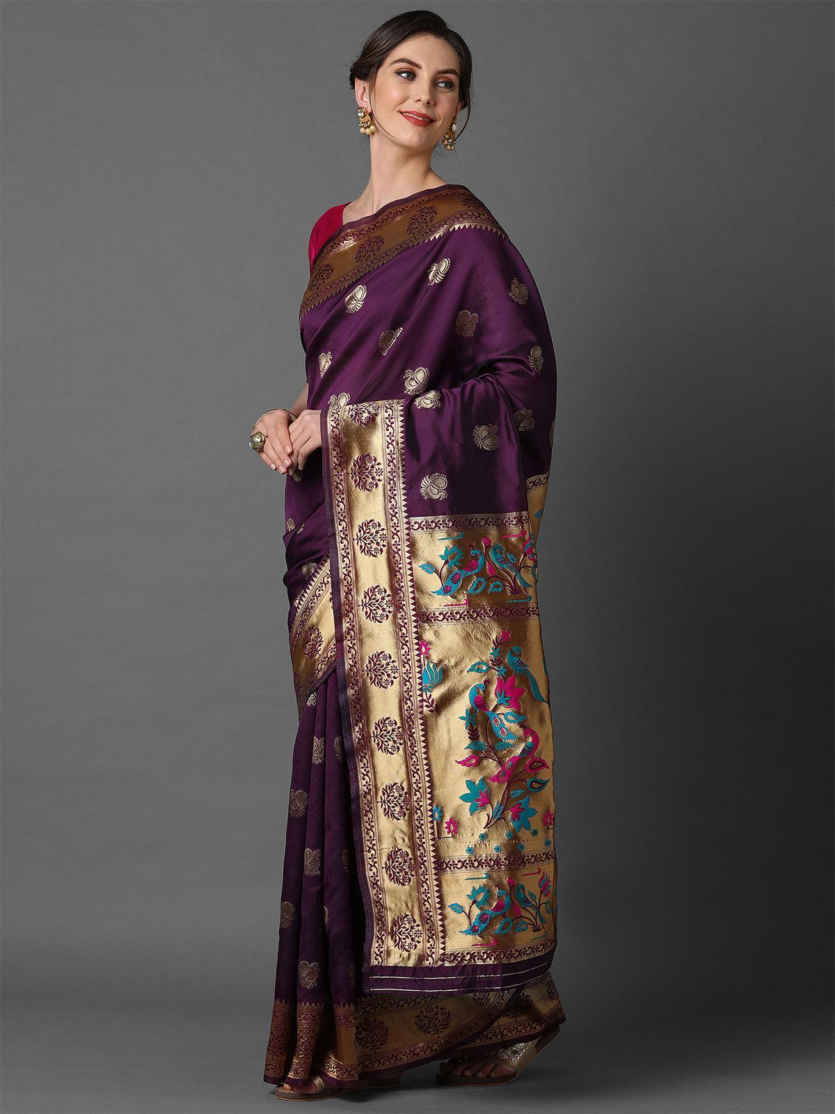 Women's Magenta Wedding Silk Blend Woven Design Saree With Unstitched Blouse - Odette